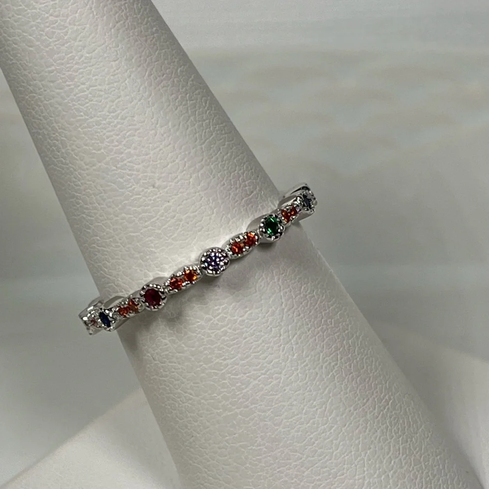 Rhodium Plated Solid Sterling Silver Multicolored CZ Stacking Ring Size 7.75